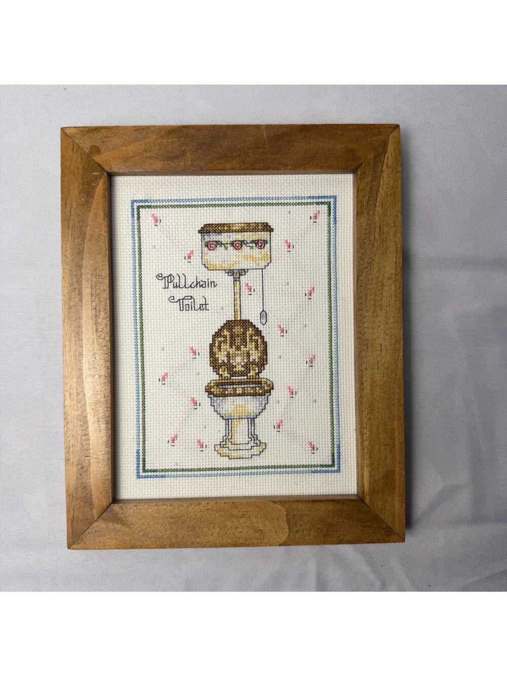 VTG Handmade Framed Cross Stitch Pull Chain Toilet Victorian Bathroom 10x8 Funny